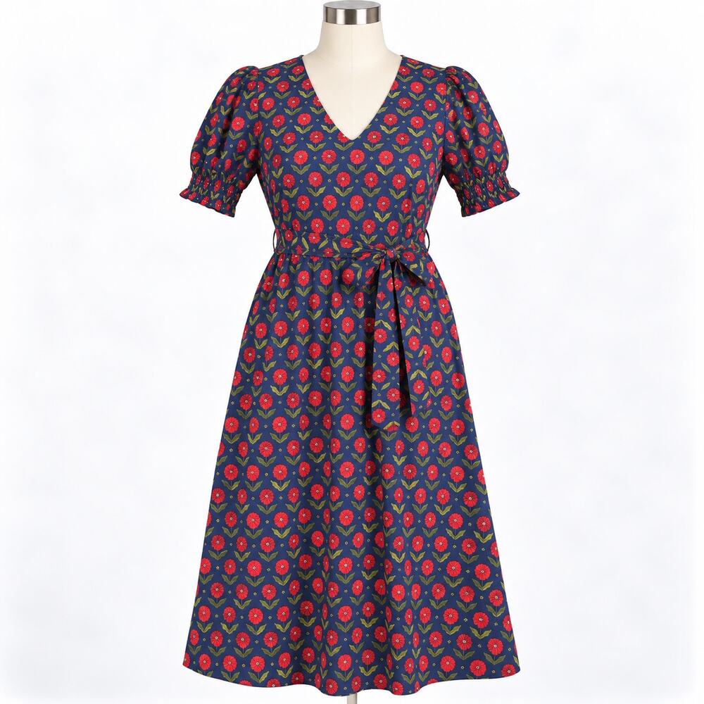 Boden Navy Red Floral Midi Dress Women's 12R Tie Waist Pockets V Neck